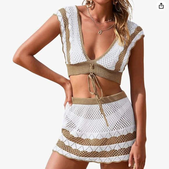 MEROKEETY Women's Crochet Cover Ups Set Short Sleeve V Neck Hollow Out 2 Piece S - Picture 1 of 3